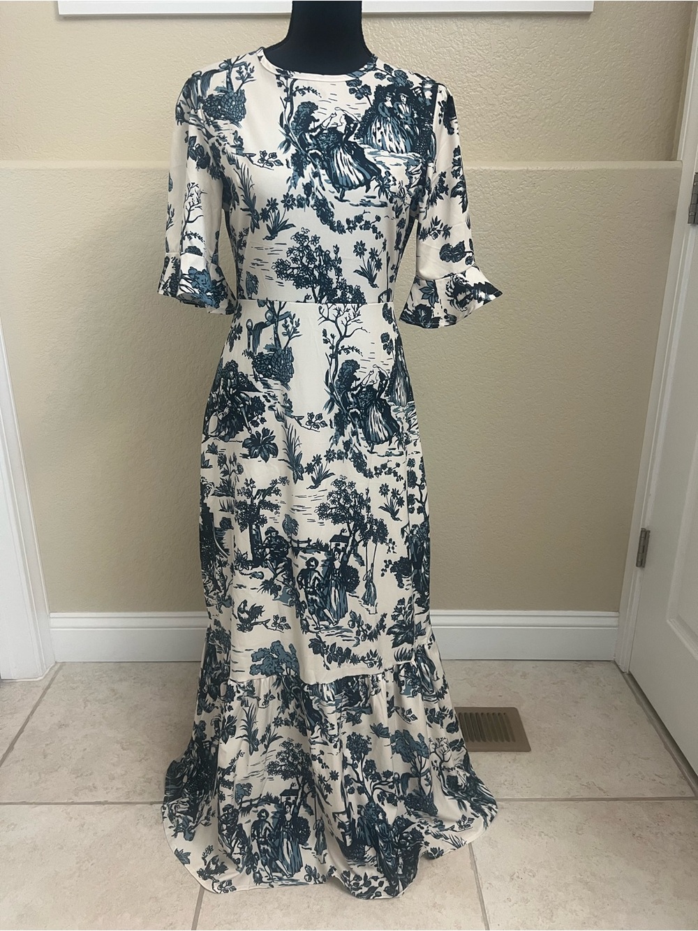 Women's Cream and Dark Teal Printed Maxi Dress